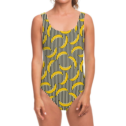 Black Striped Banana Pattern Print One Piece Swimsuit