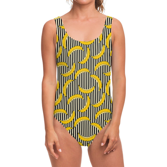 Black Striped Banana Pattern Print One Piece Swimsuit