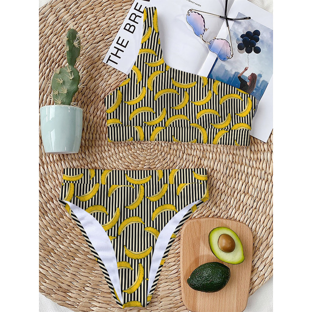 Black Striped Banana Pattern Print One Shoulder Bikini Top