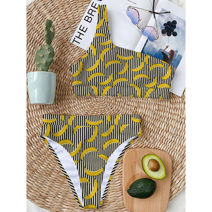 Black Striped Banana Pattern Print One Shoulder Bikini Top