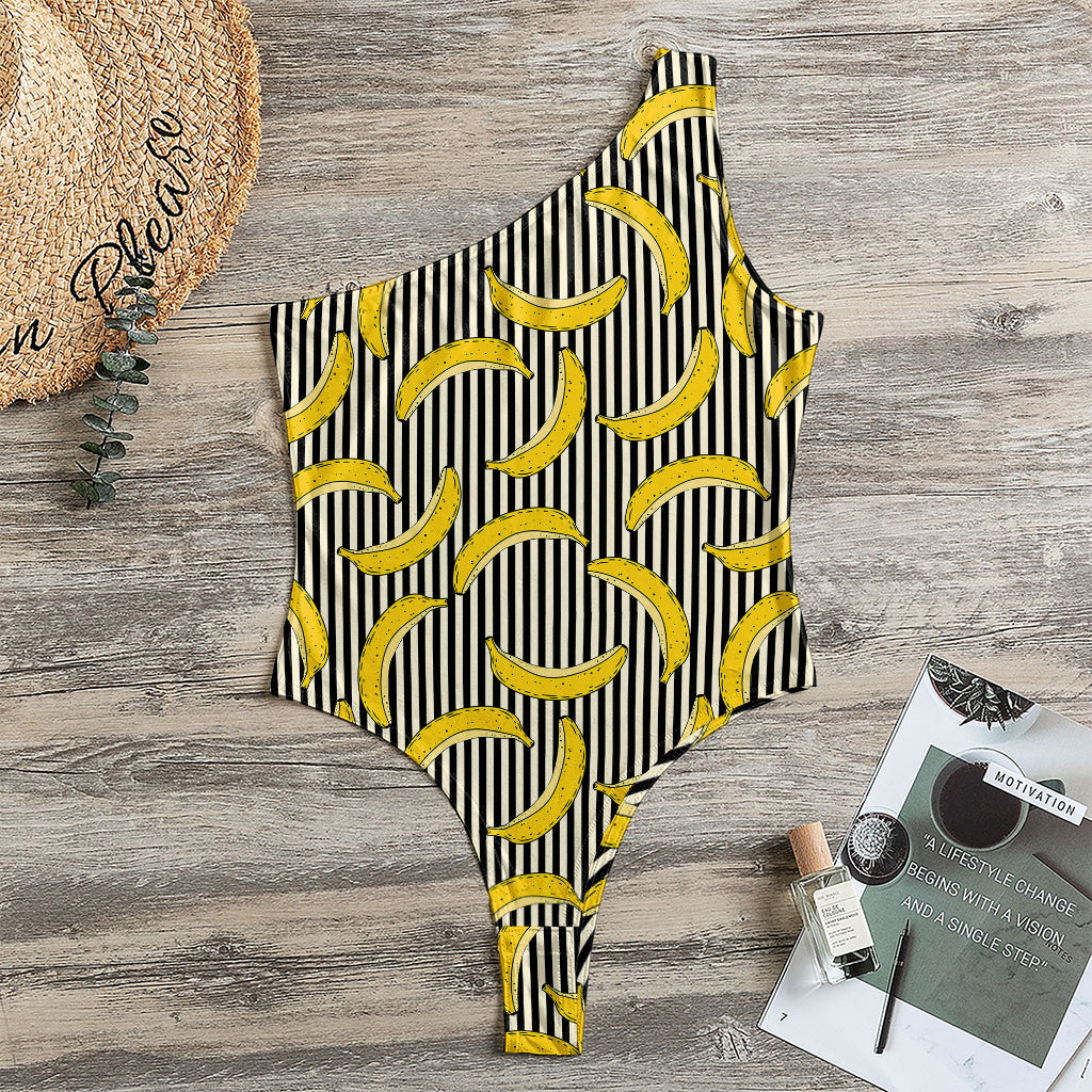 Black Striped Banana Pattern Print One Shoulder Bodysuit