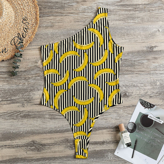 Black Striped Banana Pattern Print One Shoulder Bodysuit