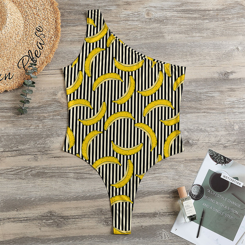 Black Striped Banana Pattern Print One Shoulder Bodysuit