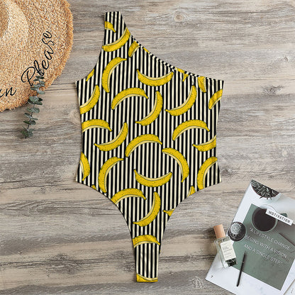 Black Striped Banana Pattern Print One Shoulder Bodysuit