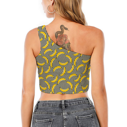 Black Striped Banana Pattern Print One Shoulder Crop Top