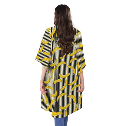 Black Striped Banana Pattern Print Open Front Beach Cover Up