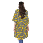 Black Striped Banana Pattern Print Open Front Beach Cover Up