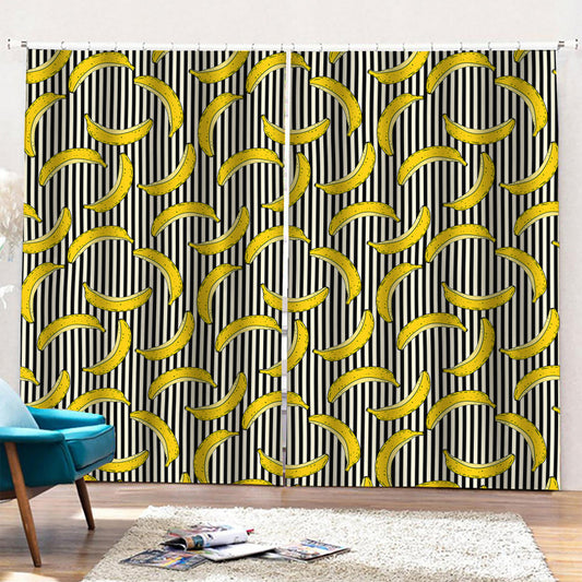 Black Striped Banana Pattern Print Pencil Pleat Curtains