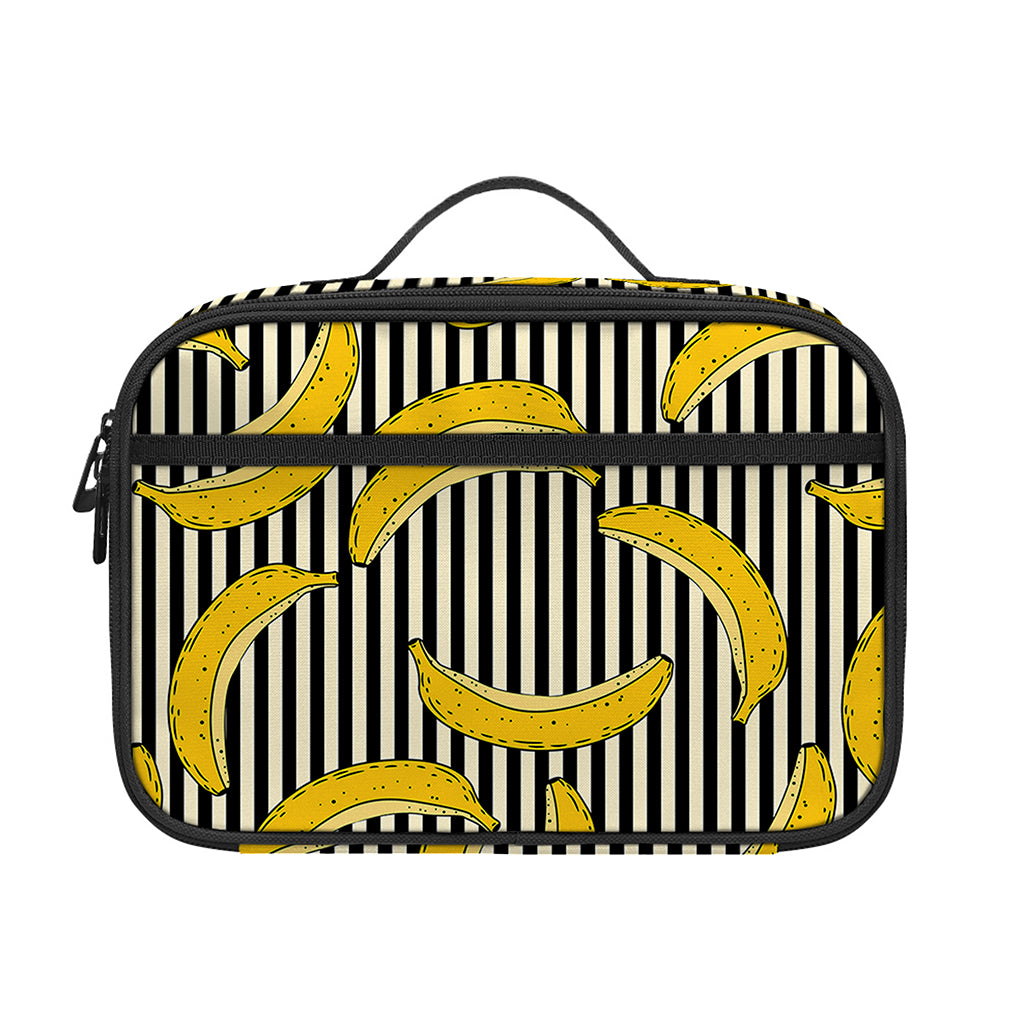 Black Striped Banana Pattern Print Portable Lunch Bag