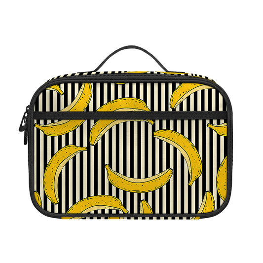 Black Striped Banana Pattern Print Portable Lunch Bag