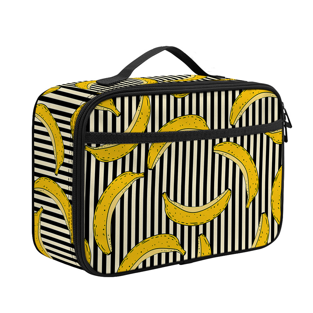 Black Striped Banana Pattern Print Portable Lunch Bag