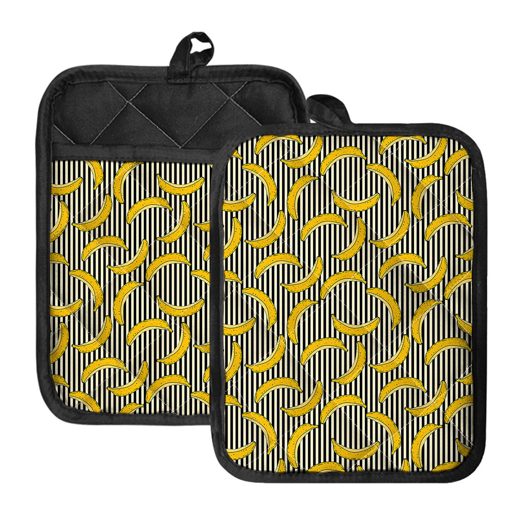 Black Striped Banana Pattern Print Pot Holders With Pocket