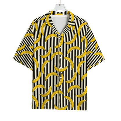 Black Striped Banana Pattern Print Rayon Hawaiian Shirt
