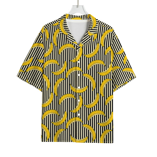 Black Striped Banana Pattern Print Rayon Hawaiian Shirt