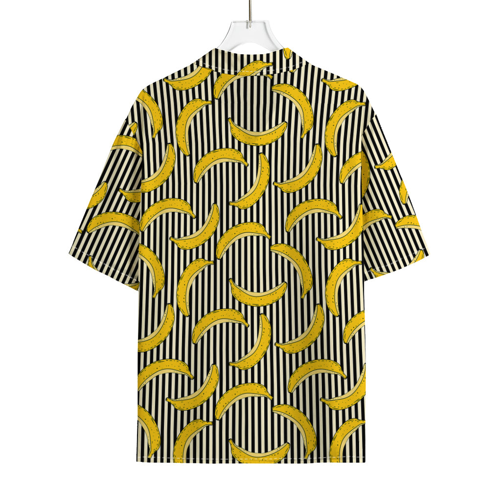 Black Striped Banana Pattern Print Rayon Hawaiian Shirt