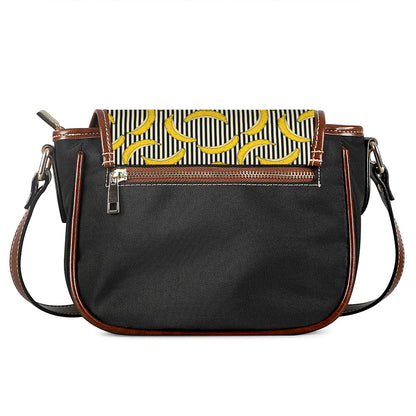 Black Striped Banana Pattern Print Saddle Bag