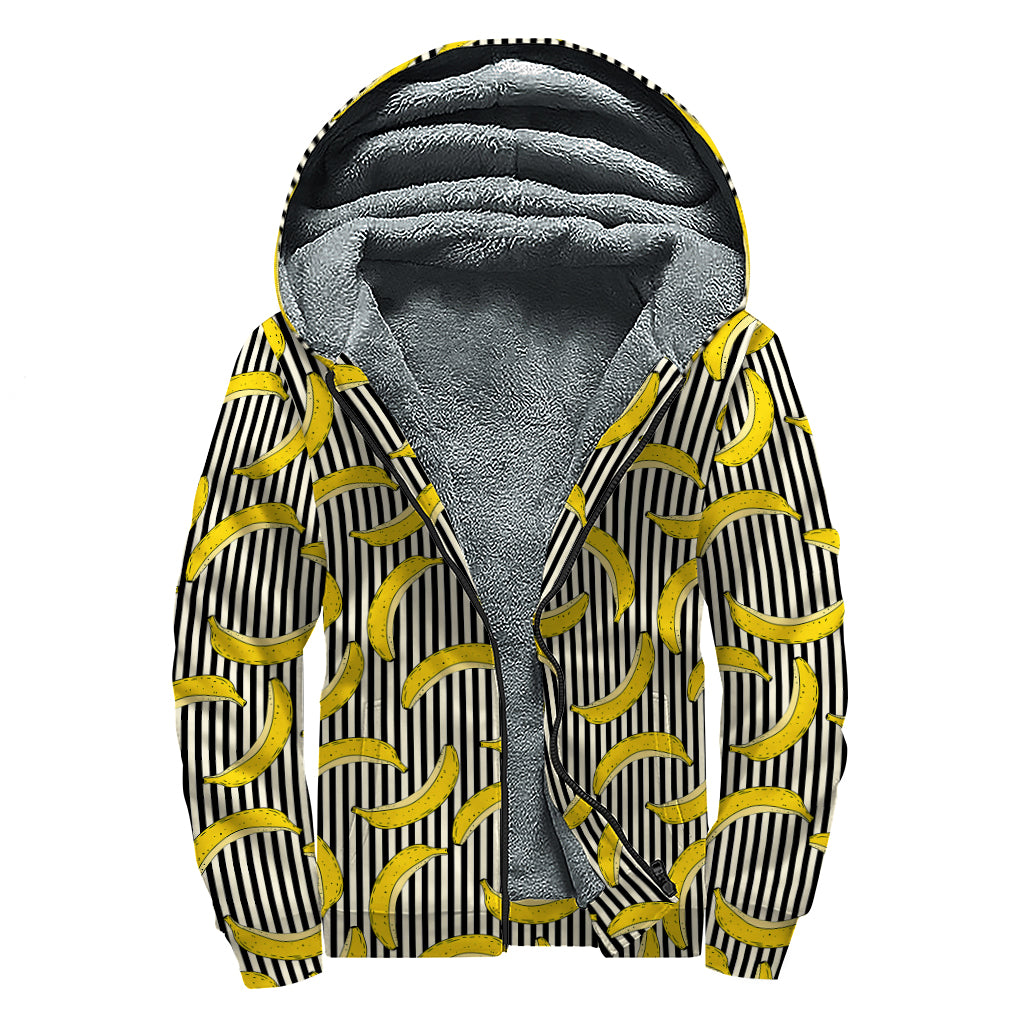 Black Striped Banana Pattern Print Sherpa Lined Zip Up Hoodie