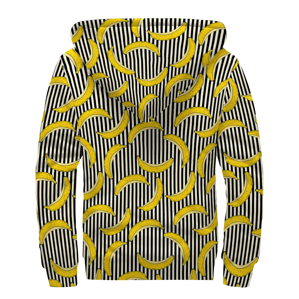 Black Striped Banana Pattern Print Sherpa Lined Zip Up Hoodie