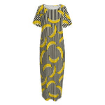 Black Striped Banana Pattern Print Short Sleeve Long Nightdress