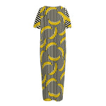 Black Striped Banana Pattern Print Short Sleeve Long Nightdress