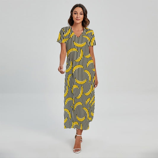 Black Striped Banana Pattern Print Short Sleeve Maxi Dress