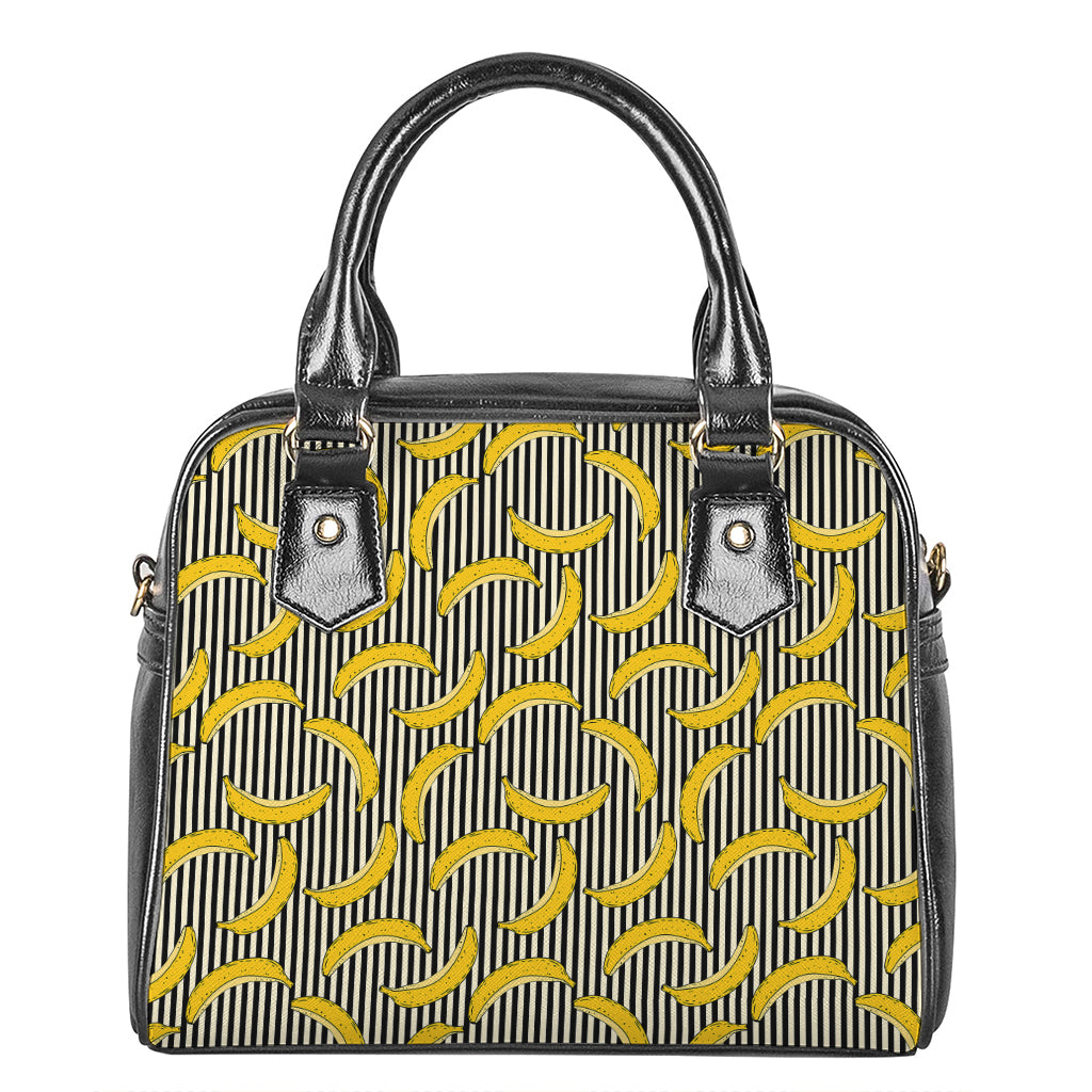 Black Striped Banana Pattern Print Shoulder Handbag
