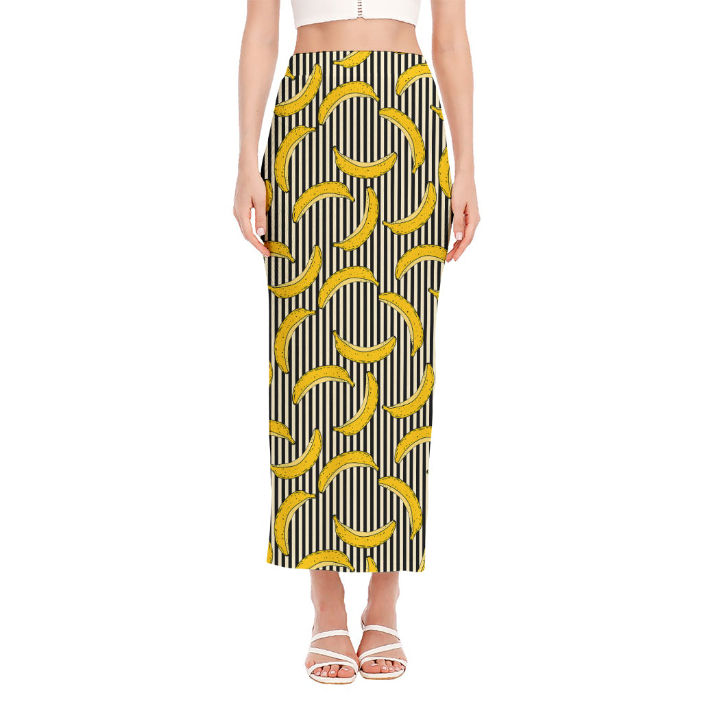 Black Striped Banana Pattern Print Side Slit Maxi Skirt