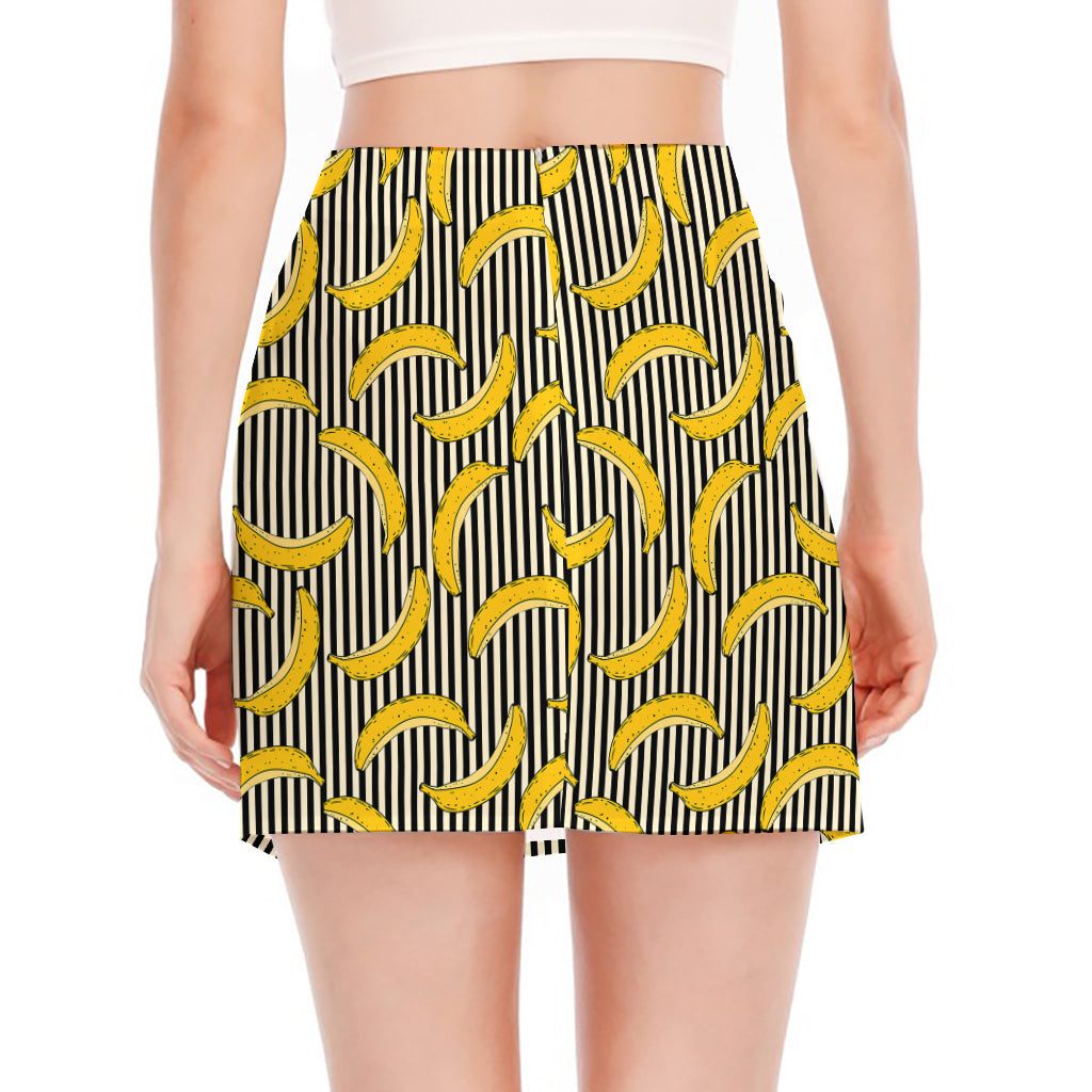 Black Striped Banana Pattern Print Side Slit Mini Skirt