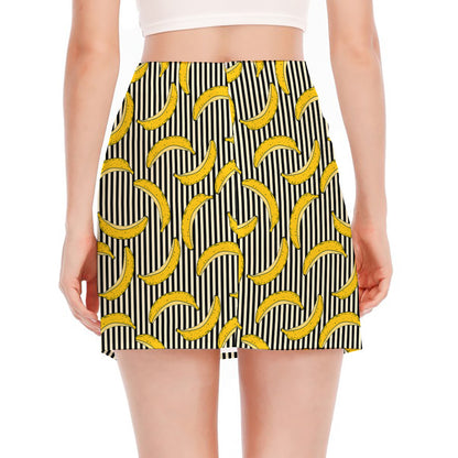 Black Striped Banana Pattern Print Side Slit Mini Skirt