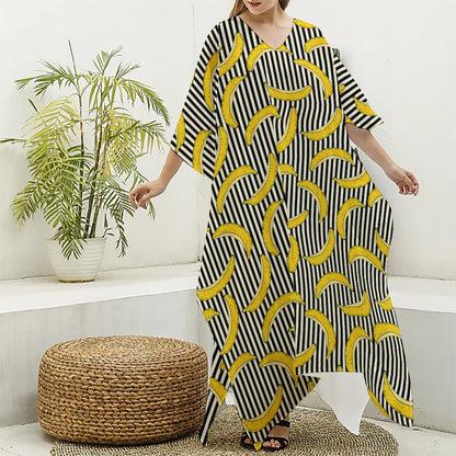 Black Striped Banana Pattern Print Silk V-Neck Kaftan Dress