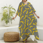 Black Striped Banana Pattern Print Silk V-Neck Kaftan Dress