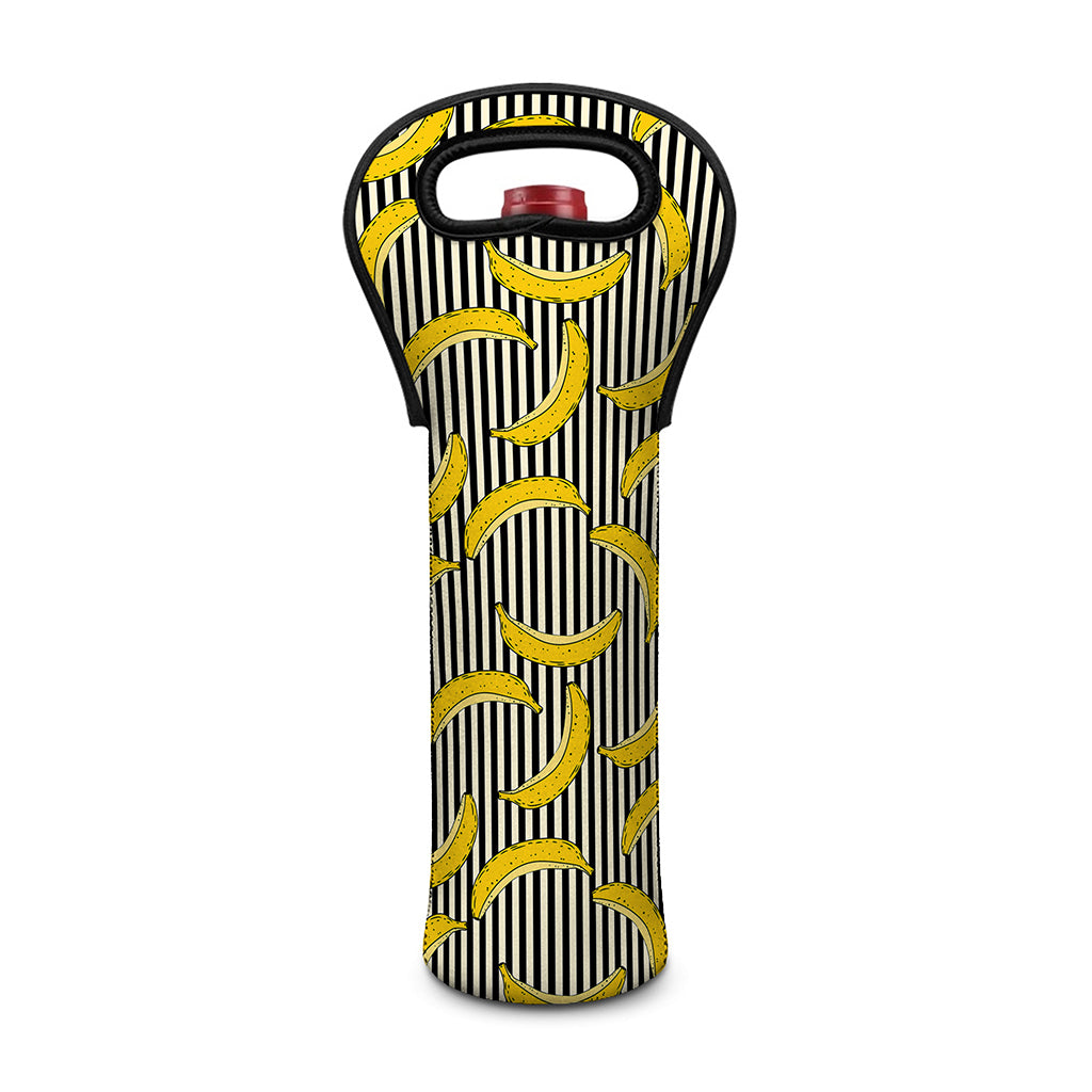 Black Striped Banana Pattern Print Single Neoprene Wine Tote