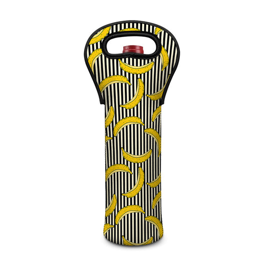 Black Striped Banana Pattern Print Single Neoprene Wine Tote