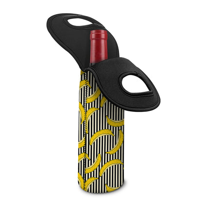 Black Striped Banana Pattern Print Single Neoprene Wine Tote