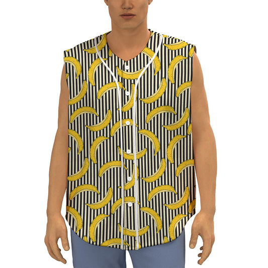 Black Striped Banana Pattern Print Sleeveless Baseball Jersey