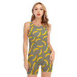 Black Striped Banana Pattern Print Sleeveless One Piece Swimsuit