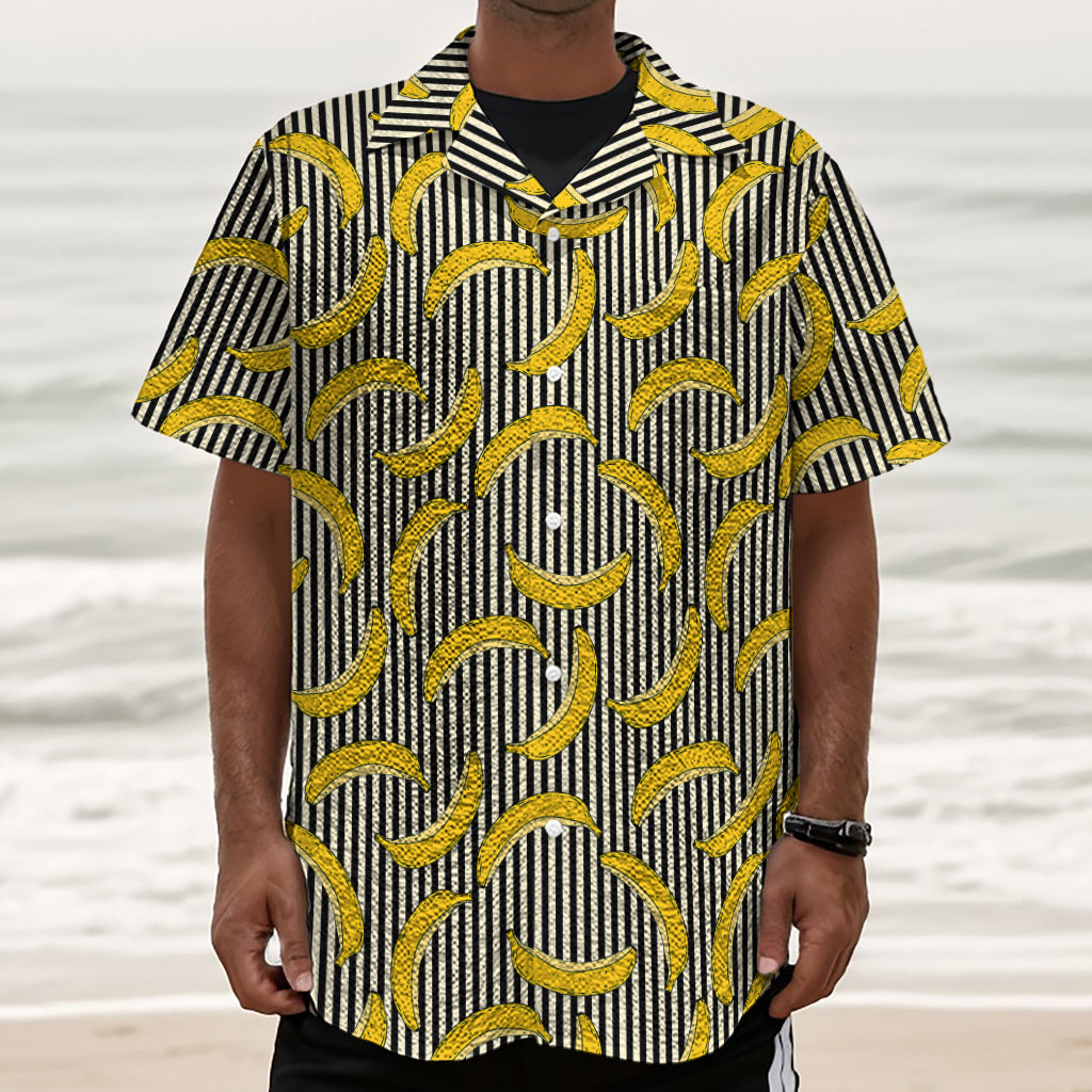 Black Striped Banana Pattern Print Textured Short Sleeve Shirt