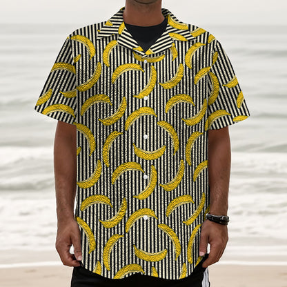 Black Striped Banana Pattern Print Textured Short Sleeve Shirt