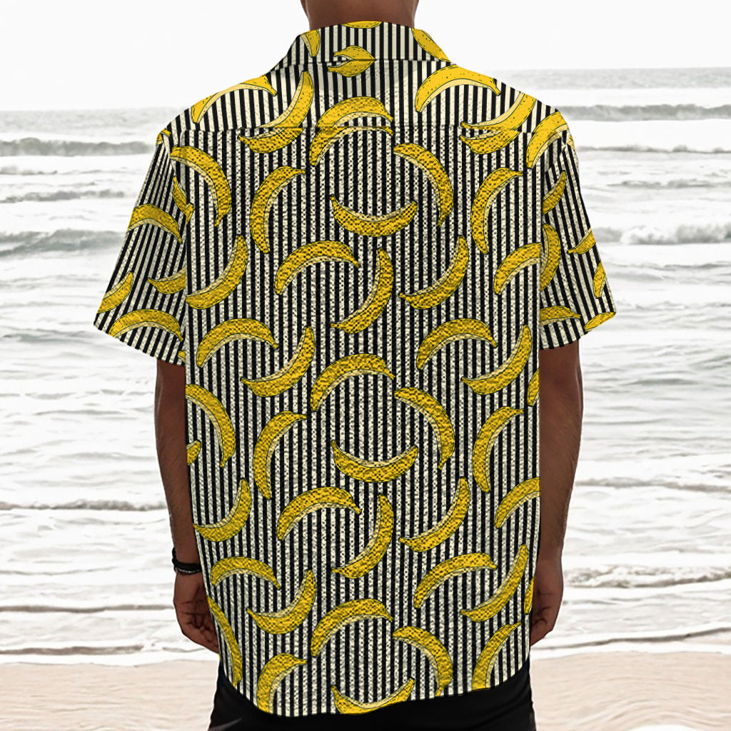 Black Striped Banana Pattern Print Textured Short Sleeve Shirt