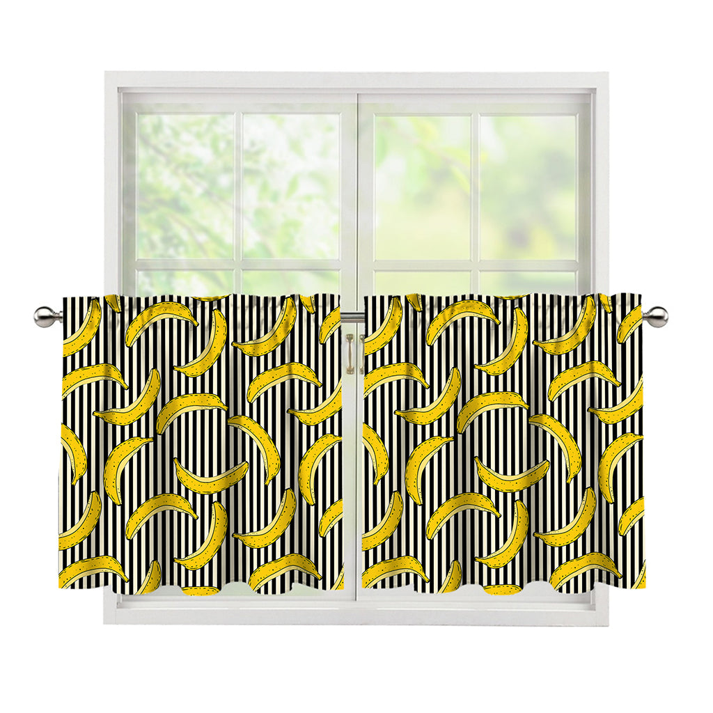 Black Striped Banana Pattern Print Tier Curtains