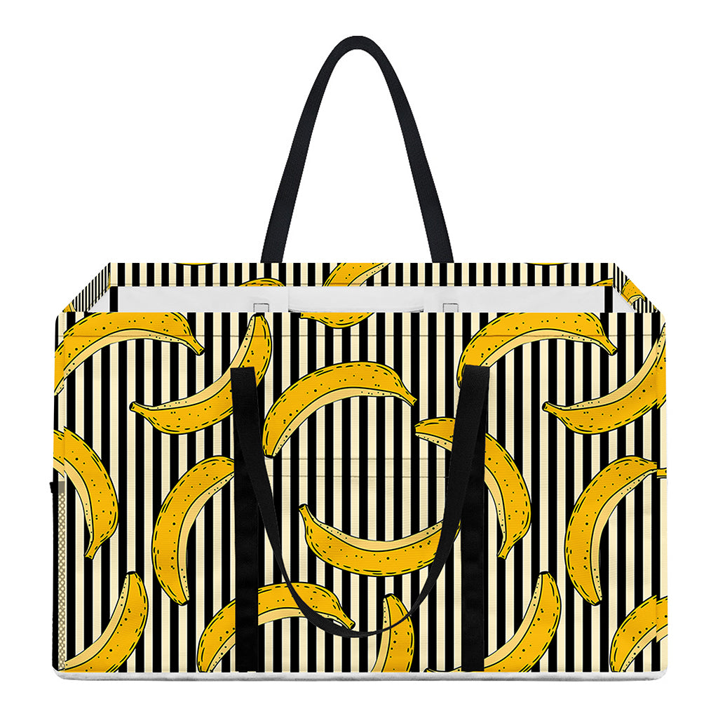 Black Striped Banana Pattern Print Utility Tote Bag