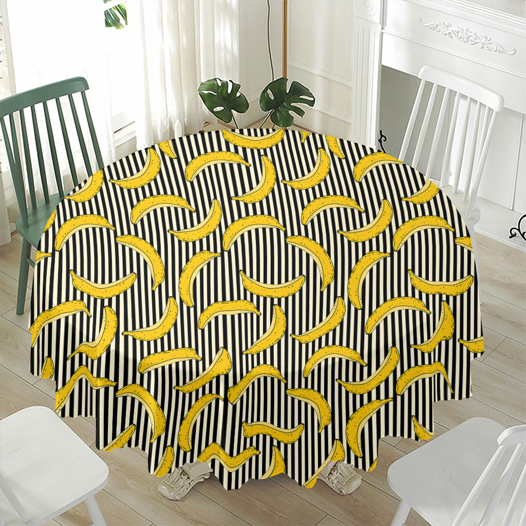 Black Striped Banana Pattern Print Waterproof Round Tablecloth