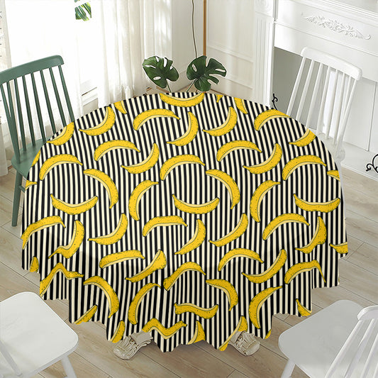 Black Striped Banana Pattern Print Waterproof Round Tablecloth