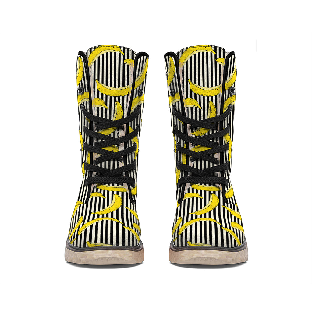 Black Striped Banana Pattern Print Winter Boots