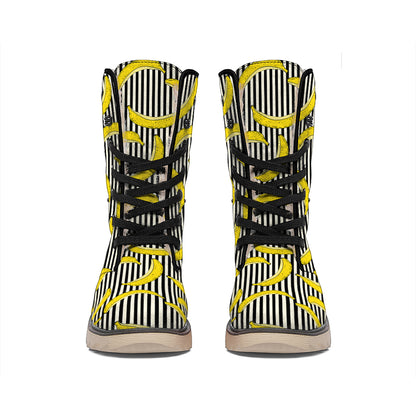 Black Striped Banana Pattern Print Winter Boots