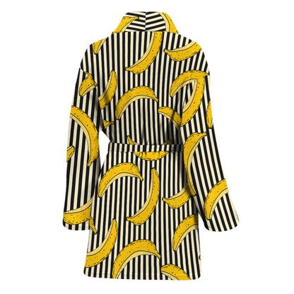 Black Striped Banana Pattern Print Women's Bathrobe