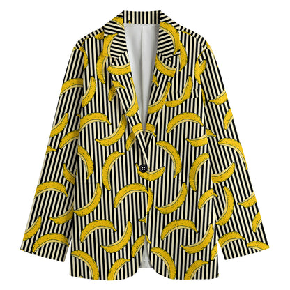 Black Striped Banana Pattern Print Women's Blazer