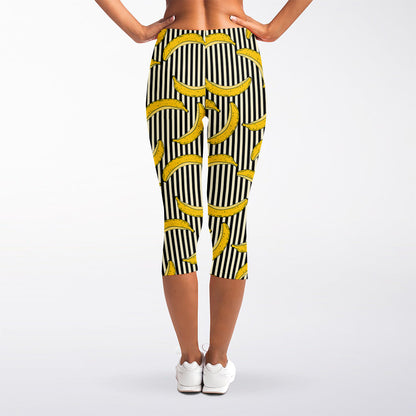 Black Striped Banana Pattern Print Women's Capri Leggings