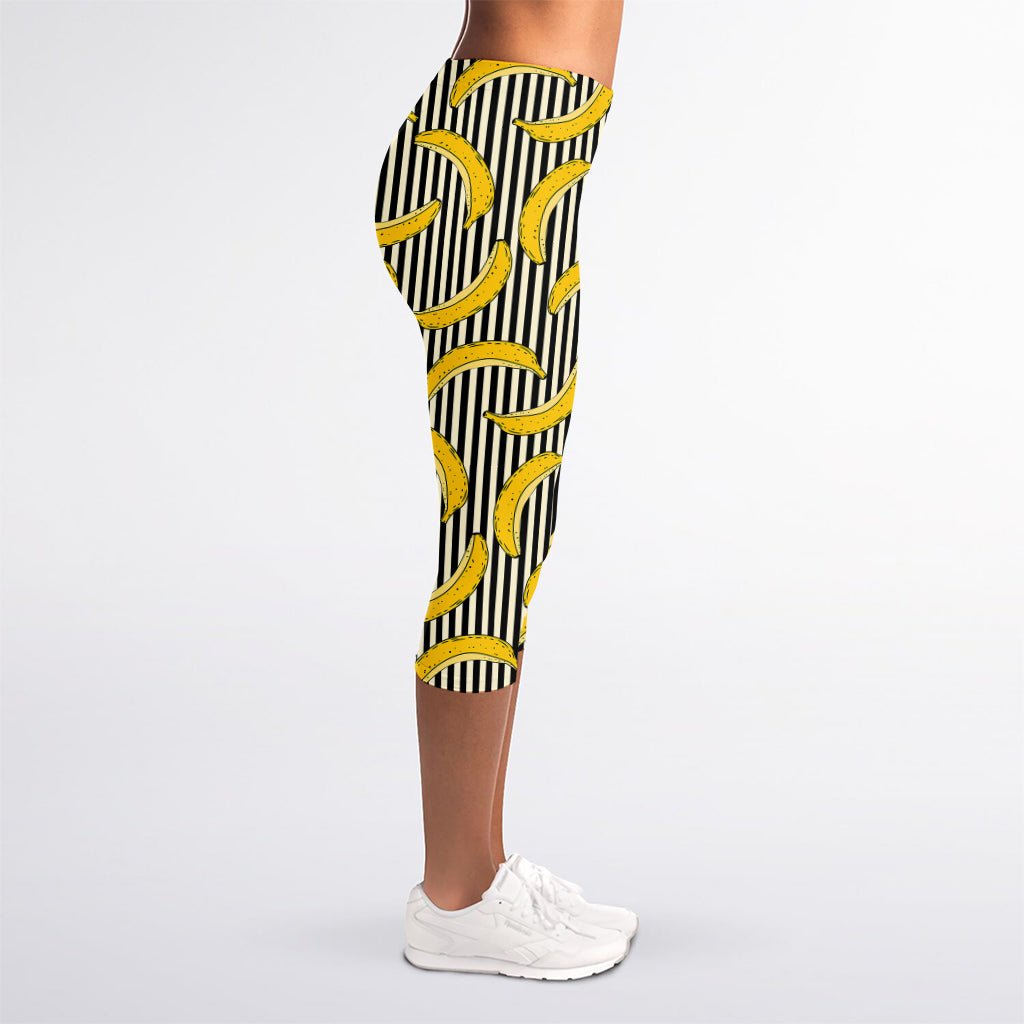 Black Striped Banana Pattern Print Women's Capri Leggings