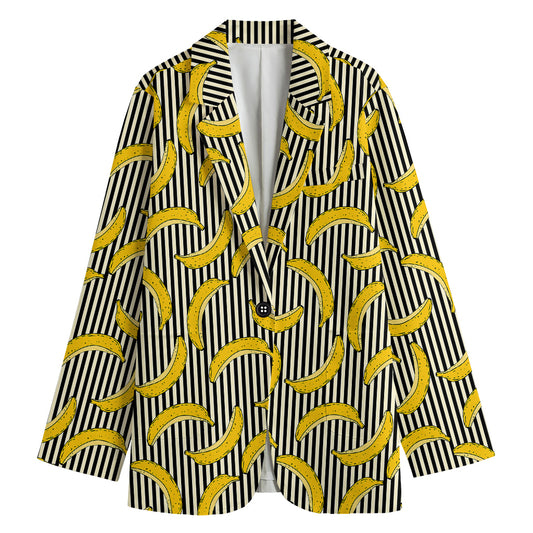 Black Striped Banana Pattern Print Women's Cotton Blazer